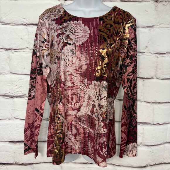 Seven7 Long Sleeve Top SZ XL Burgundy Gold Abstract Pattern Long Sleeve Tee NWT - Picture 1 of 13